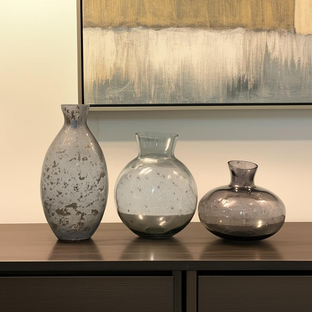 Set of Three Blue And Gray Seeded Glass Table Vases