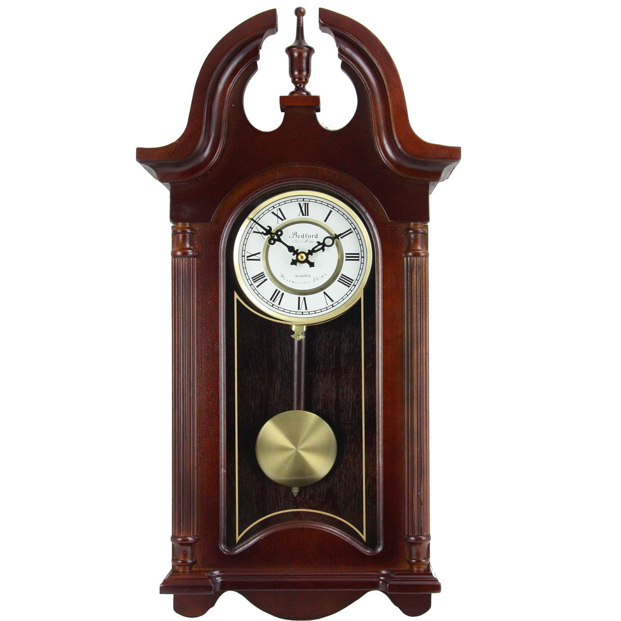 Bedford Clock Collection 26.5 Inch Chiming Pendulum Wall Clock in Colonial Mahogany Cherry Oak Fini